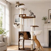 Arbre à chat en bois, meuble tour pour chats avec condos spacieux, brosse auto-nettoyante, poteaux à gratter en sisal, échelle, brun rustique