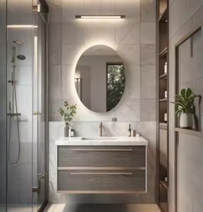 Mueble de Baño de Madera Gris, Mueble de Baño Personalizado con Estantes, Juego de Tocadores de Baño con Cajones y Espejo - Product Image 4
