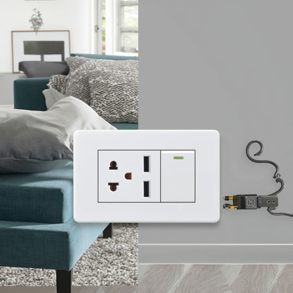 VNX US Standard 15A Multi Socket Switch 2 Usb White Color 1 Gang Wall Switch Grounding Residential / General-Purpose for Home