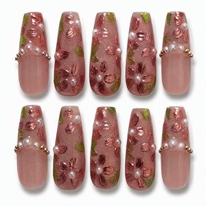 Uñas Postizas 3D con Diseño Floral Rosa y Perlas, Uñas Artificiales de Cobertura Completa, Pre-Diseñadas, Removibles, Extensiones de Uñas de Plástico para Dedos - Product Image 5
