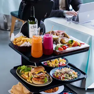 Los robots comerciales baratos en la fábrica entregan comida en el restaurante