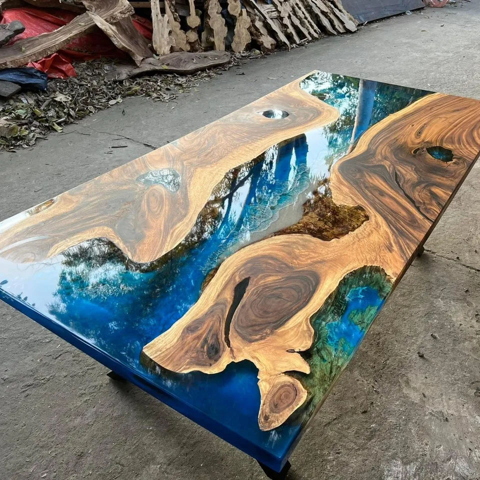 Mesa de Río para restaurante de resina epoxi de alta calidad de Vietnam, borde vivo Natural, madera maciza Saman, 2017