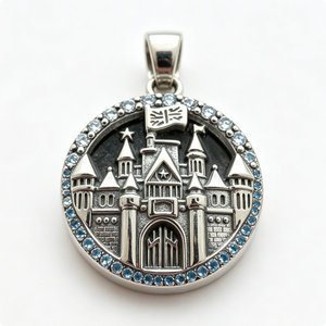 Colgante Circular de Castillo de Hadas en Aleación de Zinc Plateado con Cristales Azules, Amuleto de Recuerdo, Artesanía Metálica Fundida a Presión - Product Image 1