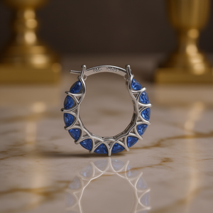 Platinum <b>Hoop</b> <b>Earrings</b> With Blue Gemstones, Geometric Design, Claw Setting, Luxury <b>Fine</b> Jewelry For Women, Model E3636 - Product Image 2
