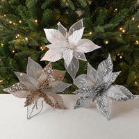 Décorations de Noël 2025 : Ornements pour sapin de Noël, fleurs artificielles rouges, poinsettias dorés scintillants, fleurs de Noël