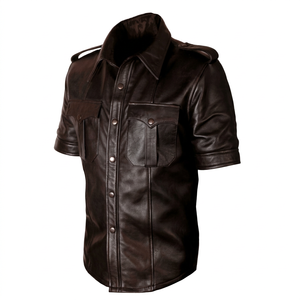 Chemise cargo en cuir pour homme, manches courtes, multi-poches, boutons-pression sur le devant, épaulettes aux épaules, col classique, pour l'extérieur - Product Image 1