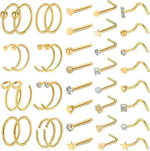 zesen brand Gold Nose Hoops Piercings Jewelry L Shape Nose Screw 316L Surgical Stainless Steel Nose Rings for Women Men