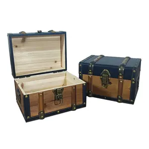 Wooden and Leather Treasure Chest Decorative Props Storage Wood Crate Gift Box