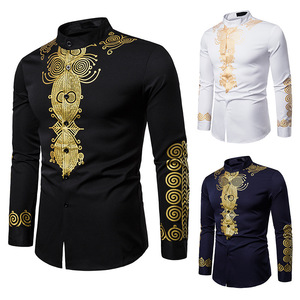 Nouvelle chemise africaine pour homme à manches longues, imprimé or métallisé, col mandarin, chemise traditionnelle ethnique pour festival, mariage, Dashiki - Product Image 1