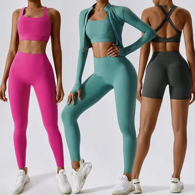 Venta al por mayor de ropa deportiva personalizada Leggings Levantamiento de glúteos chaqueta con cremallera completa gimnasio ActiveWear 3 piezas conjunto de traje de entrenamiento para las mujeres