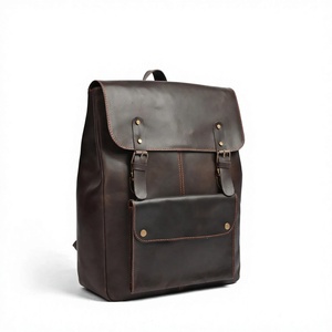 Unisex Genuine Leather <b>Backpack</b> Solid Brown Hasps Closure Front Pocket Adjustable <b>Strap</b> Durable Casual Daily Use - Product Image 5