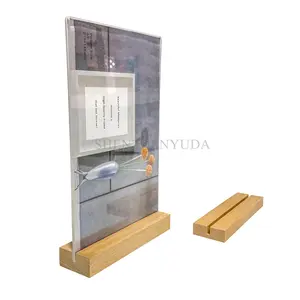 Helder Acryl Papierhouder Reclame Poster Display Rack 4*6 Inch Tafel Bord Menu Houder Houder Met Massief Houten Voet