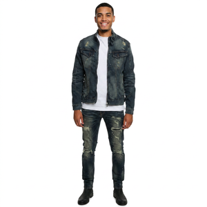 Design personnalisé des rayures délavées stylisé Sports bleu Street Wear Patch pour hommes Jean Denim vestes pour hommes - Product Image 1