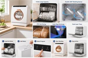 Lave-vaisselle de comptoir 8 couverts avec réservoir d'eau intégré, double rotation à 360° °   Bras de pulvérisation, séchage à chaud PTC, 12 programmes de lavage - Product Image 6