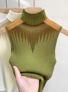 <strong>Women</strong> Stand Collar <strong>Sleeveless</strong> Knit Top Slim Fit Elegant Office Lady Breathable Jacquard Solid Color Casual Basic Tee <strong>Shirt</strong> - Product Image 5