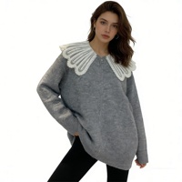Modischer Damen-Cardigan mit Besticktem Spitzenkragen und Reißverschluss Übergroßer Langarm-Strickpullover in Grau Herbst-Winter-Mantel