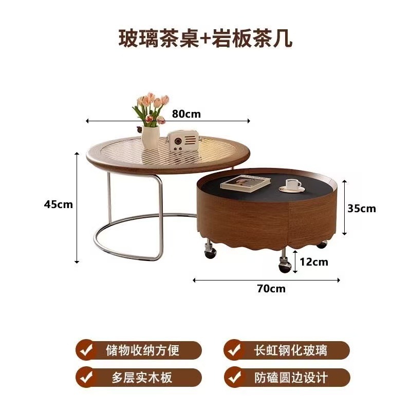 [Base en buis - Extensible] Table ronde à plateau avec table basse en verre