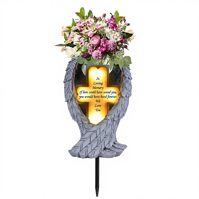Resin Angel Wings Cross Shape Solar Vase Spikes Waterproof Garden Statue Hand-painted Memorial Decoration for Cemetery Garden