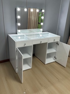 Coiffeuse moderne en MDF avec tiroirs et armoires Miroir lumineux tricolore équipé Bluetooth pour chambre à coucher - Product Image 2