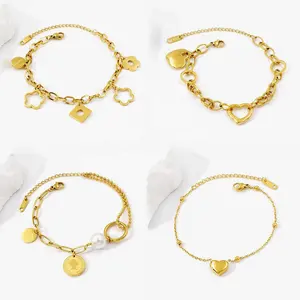 Trendy Jewelry 2024 Waterproof Stainless Steel Accessories Women Gold Plated Non Tarnish Flower Heart Charm Chain Bracelets