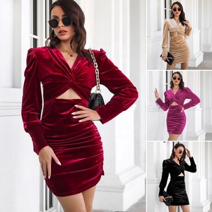 Abito Casual autunno/inverno con lunghe maniche a sbuffo in velluto <span class=keywords><strong>oro</strong></span> Skinny con Design a anca increspata modello tinta unita stile Twist alla moda - Product Image 4