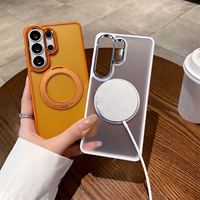 Coque de téléphone magnétique translucide givrée pour iPhone et Samsung avec support anneau rotatif à 360°, cadre métallique pour appareil photo, protection antichute