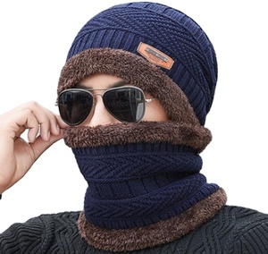Ensemble bonnet et écharpe d'hiver unisexe confortable de bonne qualité et pas cher, bonnet en tricot pour homme avec fourrure intérieure - Product Image 1