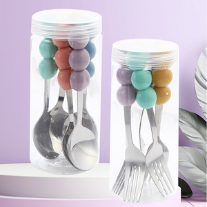 Juego de cuchara y tenedor de tres piezas en colores macaron, de acero inoxidable, portátil, para pastel y fruta, con tubo de almacenamiento. - Product Image 5