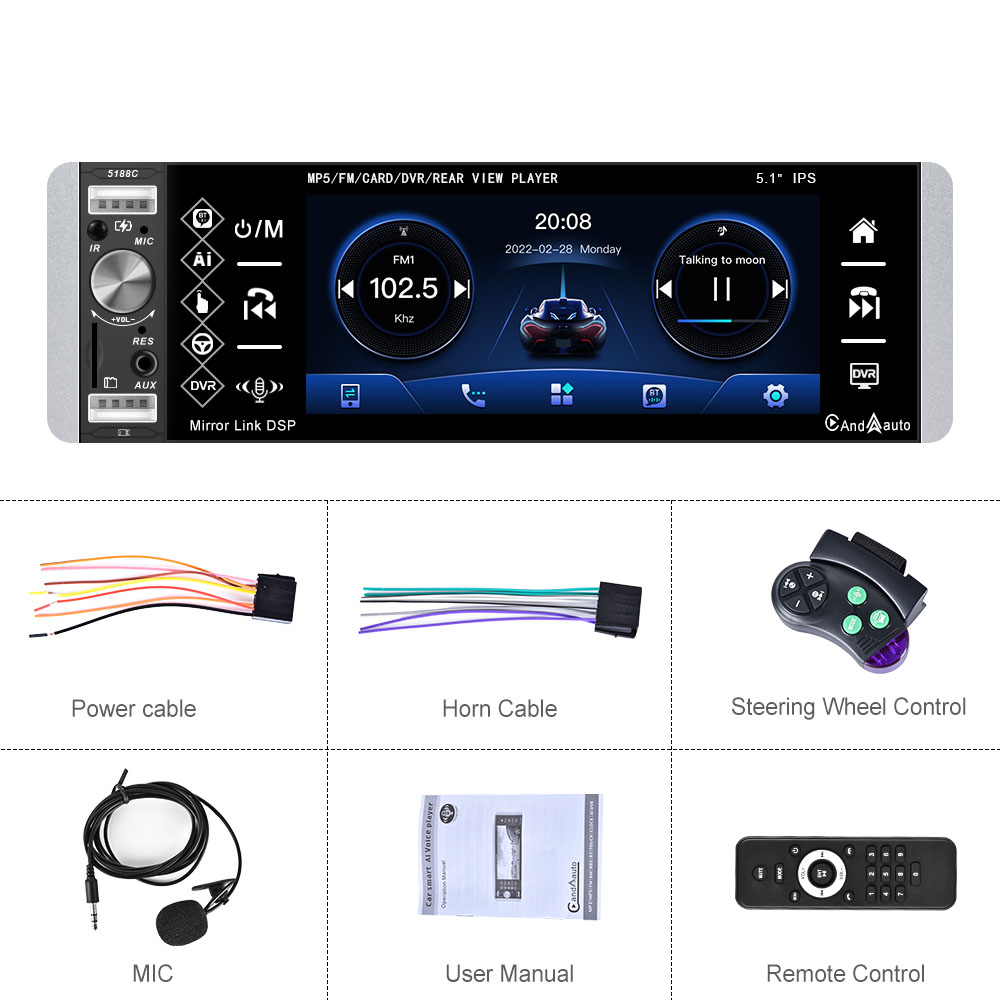 Podofo A2905 1 Din Carplay Car Radio Autoradio 5.1" Touch Screen Car
