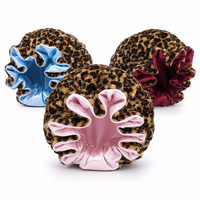 Nouvel Arrivage Bonnet de Nuit Femme en Peluche Léopard Teddy, Double Couche avec Dentelle à l'Orbique, Doublure en Satin Double Face, Grande Taille