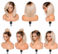 Perruque Bob Lace Frontale HD 13x4, Cheveux Humains Raides Ombré Blond Cendré Racines Foncées, Coupe Droite, Sans Colle
