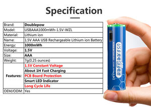 Doublepow 1,5 В AAA AM4 <span class=keywords><strong>LR03</strong></span> 1000mWh USB перезаряжаемый литий-ионный аккумулятор для бытовой техники - Product Image 4