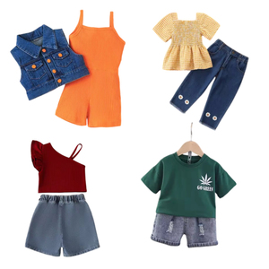Nouvelles tenues d'été pour filles et garçons, vêtements pour enfants, ensembles de vêtements en coton pour enfants avec t-shirt, short en jean, pantalon - Product Image 1
