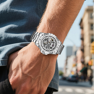LIGE <b>Skeleton</b> <b>Automatic</b> Mechanical Chronograph <b>Watch</b> Men Business Style Stainless Steel Band 44mm Dial 3BAR Water Resistant 21cm - Product Image 2
