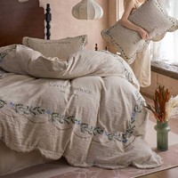 Parure de lit en lin doux et respirant, broderie florale vintage, bord festonné, draps de luxe, vente en gros