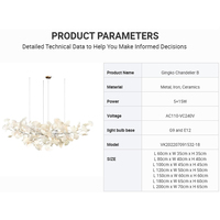 Modelo de diseñador Rama floral Gran comedor Sala de estar Hoja de cerámica de metal Led Suministro al por mayor de gama alta Gingko Chandelier B