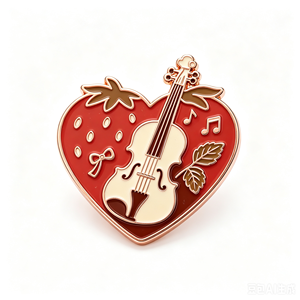 Pin de esmalte de violín musical con forma de corazón y fresa, chapado en oro, de aleación de zinc, temática de San Valentín, artesanía metálica - Product Image 4