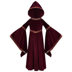 Disfraz de vampiro medieval para adultos y niños, vestido de terciopelo rojo vino con capucha para disfraces de fiesta de Halloween - Product Image 5
