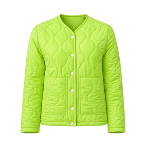 Custom Women Lightweight Quilted Jacket Wave Pattern Collarless Snap <b>Button</b> <b>Coat</b> Warm Outdoor Padded Outerwear Lime Green Jacket - Product Image 1
