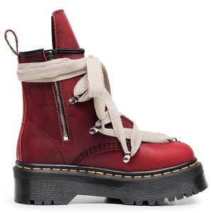 Red high-top cross-laced motorcycle <b>boots</b> for ladies - personalized short <b>boots</b> with side zipper made of genuine leather - Product Image 2