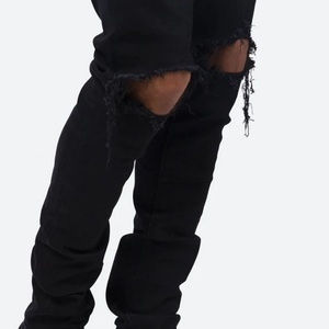 กางเกงยีนส์เดนิมสีดำฟอกทรงสกินนี่ฟิตแบบวินเทจขาดๆ สำหรับผู้ชาย ขายส่ง - Product Image 6