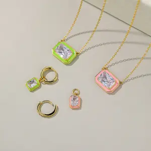 Fashion custom 925 sterling silver emerald jewelry green pink enamel charms earrings necklace jewelry set