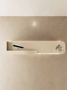 Cream Wabi Sabi Curved Reception <b>Desk</b> with Recessed LED Light Custom for Beauty Salon - Product Image 4