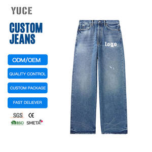 थोक पुरुषों के अनुकूलित लोगो ओएम विंटेज वॉश चौड़े पैर सीधे जींस ढीली फिट भारी डेनिम बैगी जींस - Product Image 1