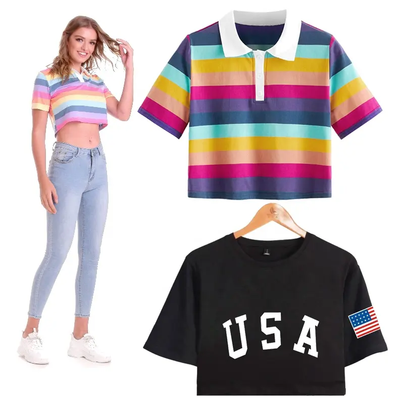 Bayan gökkuşağı çizgili kırpma üst T shirt kız estetik elbise abd Los Angeles baskı Petite tunikler Golf topluğu bayanlar üstleri