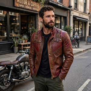 Men's Genuine <b>Leather</b> <b>Jacket</b> <b>Brown</b> Embossed Pattern Zipper Closure - Product Image 1