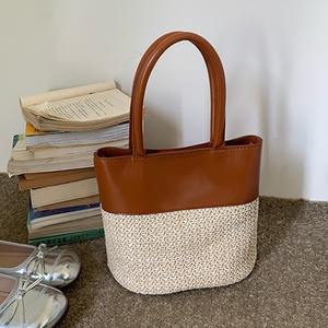 Summer Straw Tote <b>Bag</b> Brown White <b>Patchwork</b> Weaving Magnetic Buckle Everyday Outfits Spring 2024 - Product Image 1