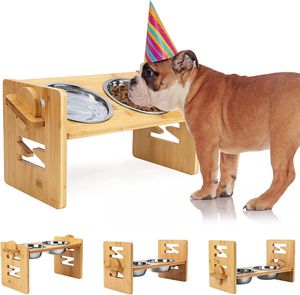 Tempat Makan dan Minum Hewan Peliharaan dari Kayu dengan Alas Tinggi dan Mangkuk Stainless Steel untuk Anjing dan Kucing - Product Image 2