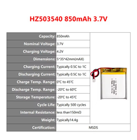 HZ 503540 3.7V 850mAh Baterai Lithium Polymer Slim Isi Ulang 500-Cycle untuk Perangkat Headphone Bluetooth dan Jam Tangan Pintar