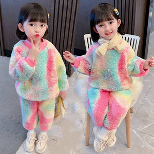 Ensemble de jogging 2 pièces teint par cravate pour petites filles, sweat-shirt à capuche court et sweat-shirt décontracté, <span class=keywords><strong>tenue</strong></span> <span class=keywords><strong>en</strong></span> peluche de <span class=keywords><strong>laine</strong></span> d'agneau pour bébés - Product Image 5